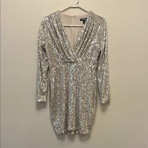 Express Silver Sequin Ruched Bodycon Dress